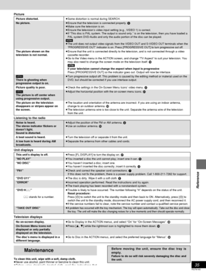 Page 3535
RQT6183
Reference
≥Some distortion is normal during SEARCH.
≥ Ensure that the television is connected properly.  8
≥ Make sure the television is on.
≥ Ensure the television’s video input setting (e.g., VIDEO 1) is corr\
ect.
≥ If “This disc is PAL system. The output is sound only.” is on the \
television, then you have loaded a
PAL system DVD-Audio and only the audio portion of the disc can be playe\
d.
[HT95]
≥
The unit does not output video signals from the VIDEO OUT and S-VIDEO OU\
T terminals when...