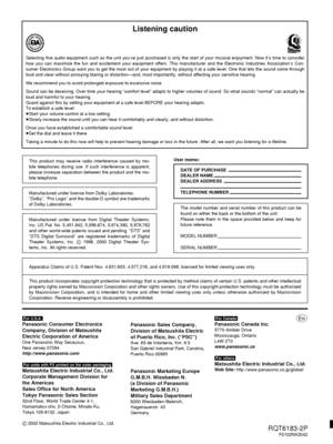 Page 40Manufactured under license from Dolby Laboratories.
“Dolby”, “Pro Logic” and the double-D symbol are trademarks
of Dolby Laboratories.
Apparatus Claims of U.S. Patent Nos. 4,631,603, 4,577,216, and 4,819,098, licensed for limited viewing uses only.
This product incorporates copyright protection technology that is protected by method claims of certain U.S. patents and other intellectual
property rights owned by Macrovision Corporation and other rights owners. Use of this copyright protection technology...