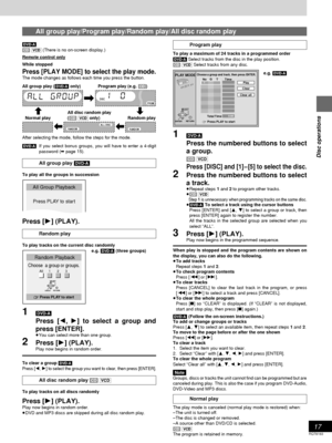 Page 1717
RQT6183
Disc operations
[DVD-A]
[CD] [VCD](There is no on-screen display.)
Remote control only
While stopped
Press [PLAY MODE] to select the play mode.The mode changes as follows each time you press the button.
All group play ([DVD-A] only) Program play (e.g. [CD])
All disc random play
Normal play ([CD] [VCD]only) Random play
After selecting the mode, follow the steps for the mode.
[DVD-A]If you select bonus groups, you will have to enter a 4-digit
password (➡ page 15).
All group play [DVD-A]
To play...