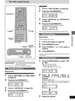 Page 2323
RQT6183
Radio operations
ENTER
VCR TV
TUNER/BANDAUXTV/VIDEOFL DISPLAY
TOP MENU MENU
SKIP
PLAYPAUSE
DISC SKIPCHANNEL VOLUME
SFCMUTINGSUBWOOFER
LEVEL
STOP
RETURN DISPLAY
SLOW /SEARCH
DVD/CDMAIN UNIT
DISC
MANAGER
SUPER
SURROUND
TEST
PRO LOGIC
ANGLE AUDIOSUB TITLEACTION
123
CH SELECT
456
789
0
PLAY MODE
GROUP PAGE MARKER
DISC1 DISC2
DISC4 DISC5DISC3
CANCELCENTER
FOCUSSEAT
POSITION
DISC
TUNER/BAND
POWERVOLUMEDISC 1 2 3 4 5WAKE / I
OPEN /CLOSETUNING DISC SKIP
MEMORYTUNE MODEFM MODESFCSUBWOOFER LEVELDOWN UP...