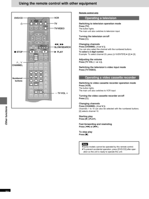 Page 30RQT6183
30
Other functions
Using the remote control with other equipment
ENTER
VCR TV
TUNER/BANDAUXTV/VIDEOFL DISPLAY
TOP MENU MENU
SKIP
PLAYPAUSE
DISC SKIPCHANNELVOLUME
SFCMUTINGSUBWOOFER
LEVEL
STOP
RETURN DISPLAY
SLOW /SEARCH
DVD/CDMAIN UNIT
DISC
MANAGER
MIX 2ch
SUPER
SURROUND
TEST
PRO LOGIC
ANGLE AUDIO SUB TITLE ACTION
TV VOL
123
CH SELECT
456
789
0
PLAY MODE
GROUP PAGE MARKER
DISC1 DISC2
DISC4 DISC5DISC3
CANCELCENTER
FOCUS
CINEMA
P.MEMORYTIMERREPEATA-B
REPEAT
SEAT
POSITIONDISC
6, 5
SLOW/SEARCH TV...