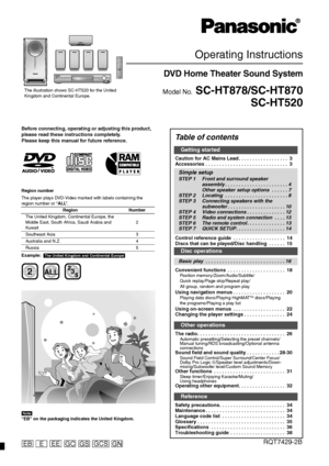 Page 1GCS EBE GCGNGSEERQT7429-2B
Operating Instructions
DVD Home Theater Sound System
Model No. SC-HT878/SC-HT870
SC-HT520The illustration shows SC-HT520 for the United 
Kingdom and Continental Europe.
Before connecting, operating or adjusting this product, 
please read these instructions completely. 
Please keep this manual for future reference.
Region number
The player plays DVD-Video marked with labels containing the 
region number or “ALL”.
Example:[The\United\Kingdom\and\Continental\Europe[
[Note[
“EB” on...