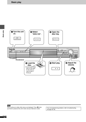 Page 1616
RQT7429
Basic play
Basic play
[Note[
Discs continue to rotate while menus are displayed. Press [∫] when 
you finish to preserve the unit’s motor and your television screen.
RDS
PROGRESSIVESFCSUBWOOFER  LEVELINPUT SELECTOR
TUNE MODEFM MODEMEMORY/IOPEN/CLOSE
VOLUME
DOWNUPPHONESTUNING
1 Turn the unit 
on.2 Select 
“DVD/CD”.
5 Start play.
4 Load the 
disc.
≥Load double-sided 
discs so the label 
for the side you 
want to play is 
facing up.
6 Adjust the 
volume. 3 Open the 
disc tray.
PROGRESSIVE
/IINPUT...