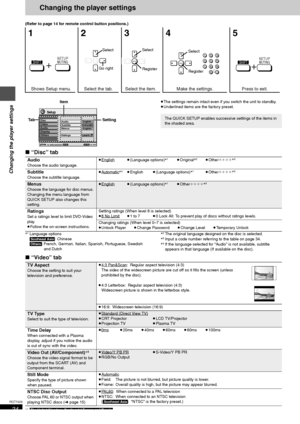 Page 2424
RQT7429
Changing the player settings
Changing the player settings
(Refer to page 14 for remote control button positions.)
≥The settings remain intact even if you switch the unit to standby.
≥Underlined items are the factory preset.
∫ “Disc” tab
§1Language options
[Southeast\Asia]: Chinese
[Others]: French, German, Italian, Spanish, Portuguese, Swedish 
and Dutch§2The original language designed on the disc is selected.§3Input a code number referring to the table on page 34.§4If the language selected...