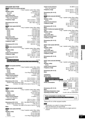 Page 3737
RQT7429
Specifications
SPEAKER SECTION
[HT878] [Front/Surround\speakers\SB-FS878]
Ty p e 2 way, 2 speaker system (Bass reflex)
Speaker unit(s) Impedance 6 ≠
Full range 6.5 cm Cone type
Tweeter  Piezo type
Input power (IEC) 55 W (Max)
Output sound pressure 79 dB/W (1.0 m)
Cross over frequency 10 kHz
Frequency range 85 Hz – 25 kHz (j16 dB)
90 Hz – 22 kHz ( j10 dB)
Dimensions (W tHt D) 250k1062 k250 mm
Mass 4.1 kg
[HT878]  [Center\speaker\SB-PC878]
Ty p e 3 way, 5 speaker system (Bass reflex)
Speaker...