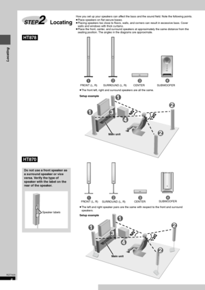 Page 88
RQT7429
Locating
How you set up your speakers can affect the bass and the sound field. Note the following points.
≥ Place speakers on flat secure bases.
≥ Placing speakers too close to fl oors, walls, and corners can result in excessive bass. Cover 
walls and windows with thick curtains.
≥ Place the front, center, and surround speakers at  approximately the same distance from the 
seating position. The angles in  the diagrams are approximate.
STEP2Locating
AC IN
Setup example
Main unit
[HT870]
SURROUND...