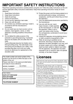 Page 33
Operating Instructions
IMPORTANT SAFETY INSTRUCTIONS
Read these operating instructions carefully before using the unit. Follow the safety instructions on the unit 
and the applicable safety instructions listed below. Keep these operating instructions handy for future 
reference.
1 Read these instructions.
2 Keep these instructions.
3 Heed all warnings.
4 Follow all instructions.
5 Do not use this apparatus near water.
6 Clean only with dry cloth.
7 Do not block any ventil ation openings. Install in...