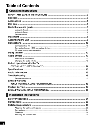 Page 44
Table of Contents
IMPORTANT SAFETY INSTRUCTIONS  ............................................................... 3
Licenses ................................................................................................................ 3
Accessories .......................................................................................................... 5
Unit care  ................................................................................................................ 5
Control reference...