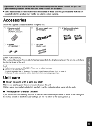 Page 55
Operating Instructions
≥Some accessories and external devices mentioned in these operating instructions that are not 
supplied with this product may not be for sale in certain regions.
Accessories
Check the supplied accessories before using this unit.
(ONLY FOR CANADA)
The enclosed Canadian French label  sheet corresponds to the English display on the remote control and 
the front and rear of the unit.
	≥ Product numbers correct as of April 2010. These may be subject to change.
≥ Only for U.S.A. and...