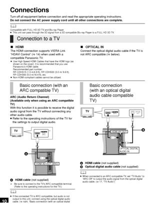 Page 1010
Connections
Turn off all equipment before connection and read the appropriate operating instructions.
Do not connect the AC power supply cord until all other connections are complete.
	Compatible with FULL HD 3D TV and Blu-ray Player
≥ This unit can pass through the 3D signal from a 3D compatible Blu-ray Player to a FULL HD 3D TV.
ARC (Audio Return Channel)
(Available only when using an ARC compatible 
TV)
With this function it is possible to receive the digital 
audio signal from the TV without...