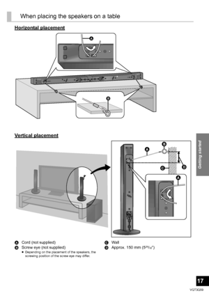 Page 17Getting started
17
VQT3Q59
When placing the speakers on a table
Horizontal placement
Vertical placement
ACord  (not supplied)
B Screw eye (not supplied)
≥Depending on the placement of the speakers, the 
screwing position of the screw eye may differ.
C Wall
D Approx. 150 mm (529/32q)






SC-HTB15PP_VQT3Q59_eng.book  Page 17  Wednesday, June 8, 2011  3:33 PM
 