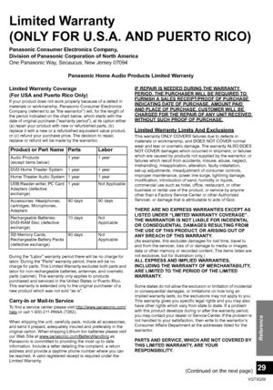 Page 29Reference
29
VQT3Q59
Limited Warranty 
(ONLY FOR U.S.A. AND PUERTO RICO)
Panasonic Consumer Electronics Company, 
Division of Panasonic Corporation of North America
One Panasonic Way, Secaucus, New Jersey 07094Panasonic Home Audio Products Limited Warranty
Limited Warranty Coverage
(For USA and Puerto Rico Only)
If your product does not work properly because of a defect in 
materials or workmanship, Panasonic Consumer Electronics 
Company (referred to as “the warrantor”) will, for the length of 
the...