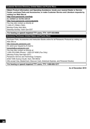 Page 3030
VQT3Q59
As of December 2010
Customer Services Directory (United States and Puerto Rico)Obtain Product Information and Operating Assistance; locate your nearest Dealer or Service 
Center; purchase Parts and Accessories; or make Customer Service and Literature requests by 
visiting our Web Site at:
http://www.panasonic.com/help
or, contact us via the web at:
http://www.panasonic.com/contactinfo
You may also contact us directly at:
1-800-211-PANA (7262)
Monday-Friday 9am-9pm, 
Saturday-Sunday 10am-7pm...