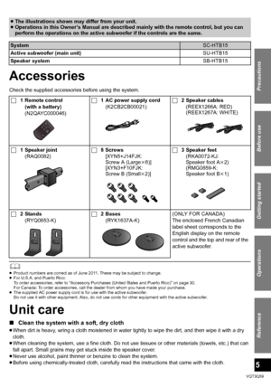 Page 55
Precautions
Reference
Getting started
Before use
Operations
VQT3Q59
#FGPSFVTF
Accessories
Check the supplied accessories before using the system.
	≥Product numbers are correct as of June 2011. These may be subject to change.
≥ For U.S.A. and Puerto Rico: 
To order accessories, refer to “Accessory Purchases (United States and Puerto Rico)” on page 30.
For Canada: To order accessories, call the dealer from whom you have made your purchase.
≥ The supplied AC power supply cord is for use with the active...