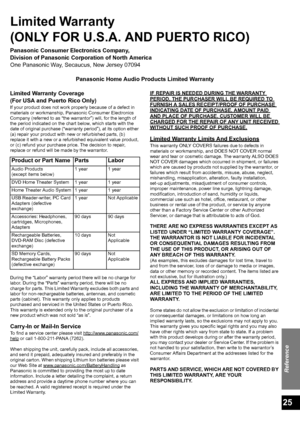 Page 25Reference
25
Limited Warranty 
(ONLY FOR U.S.A. AND PUERTO RICO)
Panasonic Consumer Electronics Company, 
Division of Panasonic Corporation of North America
One Panasonic Way, Secaucus, New Jersey 07094
Panasonic Home Audio Products Limited Warranty
Limited Warranty Coverage
(For USA and Puerto Rico Only)
If your product does not work properly because of a defect in 
materials or workmanship, Panasonic Consumer Electronics 
Company (referred to as “the warrantor”) will, for the length of 
the period...