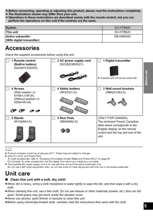 Page 5Before use
5
Accessories
Check the supplied accessories before using this unit.
	≥Product numbers correct as of January 2011. These may be subject to change.
≥ Only for U.S.A. and Puerto Rico: 
To order accessories, refer to “Accessory Purchases (United States and Puerto Rico)” on page 26.
For Canada: To order accessories, call the dealer from whom you made your purchase.
≥ The supplied AC power supply cord is for use with this unit and the active subwoofer only.
Do not use it with other equipment. Also,...