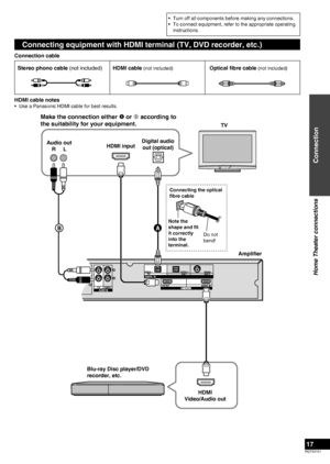 Page 17
RQTX0151
17

Turn off all components before making any connections.
To connect equipment, refer to the appropriate operating 
instructions.
•
•
Connection
Home Theater connections
Audio 
cable
HDMI cable notes
Use a Panasonic HDMI cable for best results.•
HDMI cable (not included)Optical fibre cable (not included)
Connecting the optical 
ﬁbre cable
Note the 
shape and ﬁt 
it correctly 
into the 
terminal.
Do not 
bend!
Connecting equipment with HDMI terminal (TV, DVD recorder, etc.)
Connection cable...