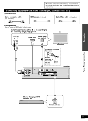 Page 17RQTX0165
17
Turn off all components before making any connections.
To connect equipment, refer to the appropriate operating 
instructions.
•
•
Connection
Home Theater connections
Audio 
cable
HDMI cable notes
Use a Panasonic HDMI cable for best results.
•
HDMI cable (not included)Optical fiber cable (not included)
Connecting the optical 
ﬁber cable
Note the 
shape and ﬁt 
it correctly 
into the 
terminal. Do not 
bend!
Connecting equipment with HDMI terminal (TV, DVD recorder, etc.)
Connection cable
HDMI...