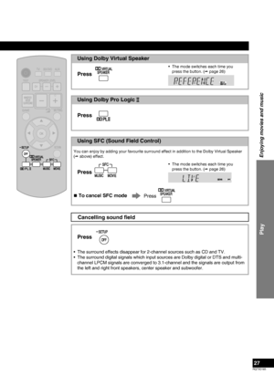 Page 27Sound ﬁeld
The surround effects disappear for 2-channel sources such as CD and TV.
The surround digital signals which input sources are Dolby digital or DTS and multi-
channel LPCM signals are converged to 3.1-channel and the signals are output from 
the left and right front speakers, center speaker and subwoofer.
•
•
PLVS
Using Dolby Virtual Speaker
The mode switches each time you 
press the button. (
 page 26)
•
Cancelling sound ﬁeld
Press  Press   
Using SFC (Sound Field Control)
You can enjoy by...