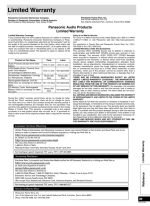 Page 39RQTX0165
39
Limited Warranty
Panasonic Consumer Electronics Company,
Division of Panasonic Corporation of North America
One Panasonic Way Secaucus, New Jersey 07094
Panasonic Audio Products Limited Warranty
Limited Warranty Coverage
If your product does not work properly because of a defect in materials 
or  workmanship,  Panasonic  Consumer  Electronics  Company  or  Pana-
sonic 

Puerto Rico, Inc. (collectively referred to as “the warrantor”) will, for 
the  length  of  the  period  indicated  on  the...