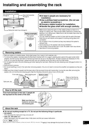 Page 7RQT9478
7
Installing and assembling the rack
Connection
Installation
Installing and assembling the rack
