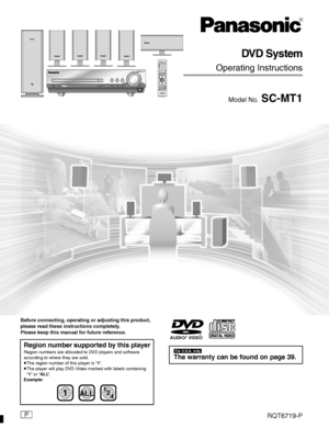 Page 1R
DVD System
Operating Instructions
Model No. SC-MT1
Í/IPROGRESSIVE OUTPHONESSELECTORDOWN
VOLUMESEARCH
UPÍ
AV SYSTEMSLEEPFL DISPLAY
DIMMER
PLAY MODE
MIX 2CH
REPEAT
P.MEMORY CANCEL
SKIP
CHTOP MENU
DISPLAY
VOLUME
MUTING
SSS PL C.FOCUSCSM SFCSUBWOOFER
LEVEL
FM MODE
SETUPZOOM GROUP AUDIORETURN
TV VOL sTV VOL r
DIRECT
NAVIGATORPLAY LISTMENUSLOW/SEARCHS10/ENTER123
456
78
09TV/VIDEOTUNER/BAND DVD/CDTV VCR /AUX
ENTER
CH SELECT
TEST
Before connecting, operating or adjusting this product, 
please read these...