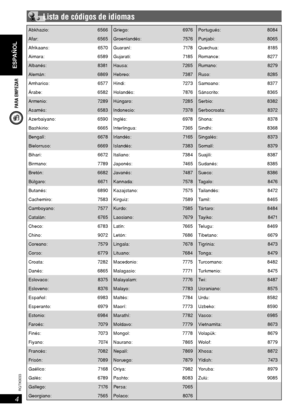 Page 4PARA EMPEZAR
ESPAÑOL
4
RQT8043
RQTX0033
 Lista de códigos de idiomas
Abkhazio: 6566 Griego:  6976 Portugués: 8084
Afar: 6565 Groenlandés: 7576 Punjabi: 8065
Afrikaans: 6570 Guaraní:  7178 Quechua:  8185
Aimara: 6589 Gujarati: 7185 Romance: 8277
Albanés: 8381 Hausa:  7265 Rumano: 8279
Alemán: 6869 Hebreo:  7387 Ruso:  8285
Amharico: 6577 Hindi:  7273 Samoano: 8377
Árabe: 6582 Holandés: 7876 Sánscrito: 8365
Armenio: 7289 Húngaro: 7285 Serbio:  8382
Asamés: 6583 Indonesio: 7378Serbocroata: 8372
Azerbaiyano:...