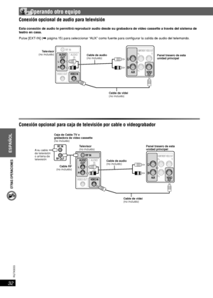 Page 32OTRAS OPERACIONES
ESPAÑOL
32
RQT8043
RQTX0033
 Operando otro equipo
Conexión opcional para caja de televisión por cable o videograbadorConexión opcional para caja de televisión por cable o videograbador
Esta conexión de audio le permitirá reproducir audio desde su grabadora de vídeo cassette a través del sistema de 
teatro en casa.
Pulse [EXT-IN] (\ página 15) para seleccionar “AUX” como fuente para con gurar la salida de audio del telemando.
Cable de audio
(no incluido)Panel trasero de esta 
unidad...