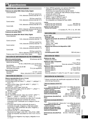 Page 3939
RQT8043
RQTX0033
ESPAÑOL
REFERENCIA
SECCIÓN DEL AMPLIFICADOR
Potencia de salida RMS: Modo Dolby Digital
Canal delantero 
  55 W por canal (5 Ω),
  1 kHz, distorsión armónica total del 10 %Canal surround  55 W por canal (5 Ω),
  1 kHz, distorsión armónica total del 10 %
Canal central  55 W por canal (5 Ω),
  1 kHz, distorsión armónica total del 10 %
Canal ba e  55 W por canal (5 Ω),
  100 Hz, distorsión armónica total del 10 %
Potencia total RMS en el modo Dolby Digital  330 W
Potencia de salida PMPO...