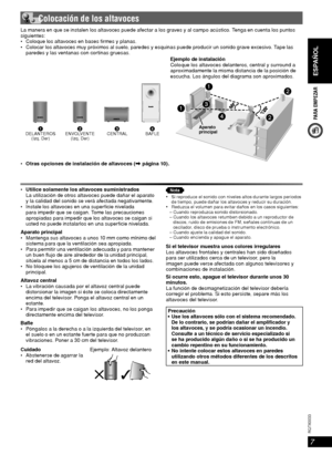 Page 7ESPAÑOL
7
RQT8043
RQTX0033
PARA EMPEZAR
 Colocación de los altavoces
Utilice solamente los altavoces suministrados
  La utilización de otros altavoces puede dañar el aparato 
y la calidad del sonido se verá afectada negativamente.
 Instale los altavoces en una super cie nivelada 
para impedir que se caigan. Tome las precauciones 
apropiadas para impedir que los altavoces se caigan si 
usted no puede instalarlos en una super cie nivelada.
Aparato principal
 Mantenga sus altavoces a unos 10 mm como mínimo...