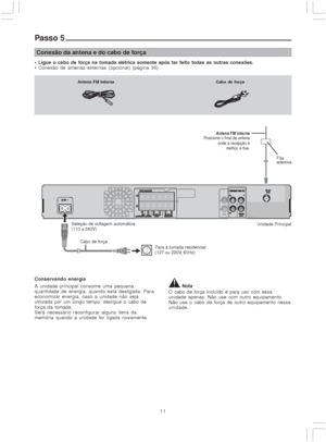 Page 1111
Passo 5
Conexão da antena e do cabo de força
 Ligue o cabo de força na tomada elétrica somente após ter feito todas as outras conexões.
 Conexão de antenas externas (opcional) (página 36).
Conservando energia
A unidade principal consome uma pequena
quantidade de energia, quando está desligada. Para
economizar energia, caso a unidade não seja
utilizada por um longo tempo, desligue o cabo de
força da tomada.
Será necessário reconfigurar alguns itens da
memória quando a unidade for ligada novamente....