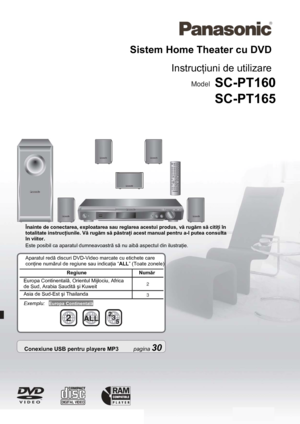 Page 1 
 
 
Sistem Home Theater cu DVD 
Instrucţiuni de utilizare 
 
 
 
 
 
 
 
 
 
 
 
 
 
 
 
 
 
 
 
 
  
Înainte de conectarea, exploatarea sau reglarea acestui produs, vă rugăm să citiţi în 
totalitate instrucţiunile. Vă rugăm să păstraţi acest manual pentru a-l putea consulta 
în viitor. 
Este posibil ca aparatul dumneavoastră să nu aibă aspectul din ilustraţie. 
 
Aparatul redă discuri DVD-Video marcate cu etichete care  
conţine numărul de regiune sau indicaţia “ALL” (Toate zonele) 
 
Regiune Număr...