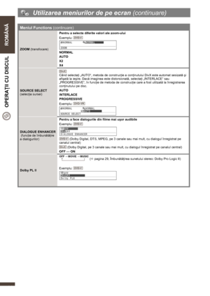 Page 22  
 
ROMÂNĂ  OPERAŢII CU DISCUL 
   
22 
  Utilizarea meniurilor de pe ecran (continuare) 
 
Meniul Functions (continuare) 
ZOOM (transfocare) Pentru a selecta diferite valori ale zoom-ului 
Exemplu: 
 
 
NORMAL 
AUTO 
X2 
X4 
SOURCE SELECT   
(selecţia sursei) 
 
Când selectaţi „AUTO“, metoda de construcţie a conţinutului DivX este automat sesizată şi 
afişată la ieşire. Dacă imaginea este distorsionată, selectaţi „INTERLACE“ sau 
„PROGRESSIVE“, în funcţie de metoda de construcţie care a fost utilizată...
