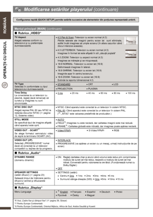 Page 24  
 
ROMÂNĂ  OPERAŢII CU DISCUL 
   
24 
  Modificarea setărilor playerului (continuare) 
 
Configurarea rapidă (QUICK SETUP) permite setările succesive ale elementelor din porţiunea reprezentată umbrit. 
 
Meniul principal (MAIN) (continuare) 
