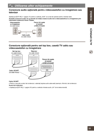 Page 31  
 
ROMÂNĂ  ALTE OPERAŢII 
   
31 
  Utilizarea altor echipamente 
Conexiune audio opţională pentru videocasetofon cu înregistrare sau 
televizor 
 
Apăsaţi pe [EXT-IN] (Ö pagina 15) pentru a selecta „AUX“ ca sursă de operare pentru intrarea radio. 
Această conexiune audio vă va permite să redaţi conţinut audio de la videocasetofonul cu înregistrare prin 
intermediul sistemului Home Theater. 
 
 
 
Conexiune opţională pentru set top box, casetă TV cablu sau 
videocasetofon cu înregistrare...