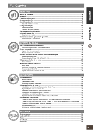 Page 5  
 
ROMÂNĂ  PRIMII PAŞI 
     
5 
   Cuprins 
 
 PRIMII PAŞI 
Măsuri de siguranţă............................................................................................................................ 4 
Accesorii ............................................................................................................................................. 6 
Pregătirea telecomenzii...................................................................................................................... 6...