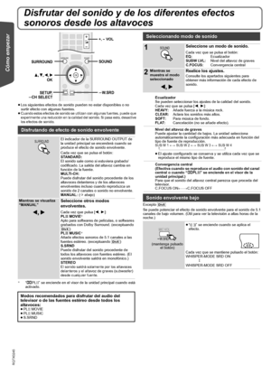 Page 1212
RQTX0245
Cómo empezar Playing Discs Other Operations Reference
Disfrutar del sonido y de los diferentes efectos 
sonoros desde los altavoces
≥Los siguientes efectos de sonido pueden no estar disponibles o no 
surtir efecto con algunas fuentes.
≥
Cuando estos efectos de sonido se utilizan con algunas fuentes, puede que 
experimente una reducción en la calidad del sonido. Si pasa esto, desactive 
los efectos de sonido.
§ “ÎPLII” se enciende en el visor de la unidad principal cuando está...