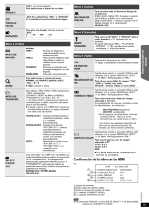 Page 1919
RQTX0245
Getting Started Other Operations ReferenceReproducción de 
discos
Confirmación de la información HDMI
1Estado de conexión
2Indica el tipo de señal de salida.
3Indica el número de canales de audio.
4(Banterior, FORMATO VÍDEO)
5(Banterior, ESPACIO COLOR)
[Nota]
Si se selecciona “APAGAR” en “SALIDA DE AUDIO” (B25, Menú HDMI), 
“– – –” aparecerá en “CORRIENTE AUDIO”.
ÁNGULO
[DVD-V] (con varios ángulos)
Para seleccionar el ángulo de un vídeo
VISUALIZ. 
FECHA
[JPEG] Para seleccionar “ENC.” o...