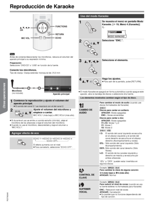 Page 2222
RQTX0245
Getting Started
Playing Discs
Otras operaciones
Reference
Reproducción de Karaoke
[Nota]
Antes de conectar/desconectar los mi crófonos, reduzca el volumen del 
aparato principal a su expresión mínima.
Preparación
Seleccione “DVD/CD” o “USB” en función de la fuente.
Conecte los micrófonos.Tipo de clavija: Clavija estándar monoaural de  ‰6,3 mm
≥ Si durante el uso se emite un sonido extraño (chirrido), aleje el 
micrófono de los altavoces o baje el volumen del micrófono.
≥ Cuando no use el...