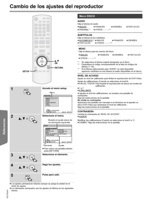 Page 2424
RQTX0245
Getting Started Playing Discs Other Operations Referencias
Cambio de los ajustes del reproductor
≥Los ajustes permanecen intactos aunque se ponga la unidad en el 
modo de espera.
≥Los elementos subrayados son los ajustes de fábrica en los siguientes 
menús.
§1Se selecciona el idioma original designado en el disco.§2Especifique el código correspondiente de la lista de códigos de 
idioma (B35).
§3Si el idioma seleccionado para “AUDIO” no está disponible, 
aparecen subtítulos en ese idioma (si...