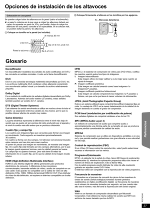 Page 2727
RQTX0245
Getting Started Playing Discs Other Operations Referencias
Opciones de instalación de los altavoces
Se pueden colgar todos los altavoces en la pared (salvo el subwoofer).
≥La pared o columna en la que vaya a colgar los altavoces deberá ser 
capaz de aguantar un peso de 10 kg por tornillo. Antes de colgar los 
altavoces en una pared, consulte a un especialista. Si se colocan mal, 
se pueden dañar la pared y los altavoces.
Colocación en una pared
1Coloque un tornillo en la pared (no incluido)....