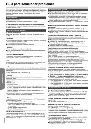 Page 3030
RQTX0245
Getting Started Playing Discs Other Operations Referencias
Guía para solucionar problemas
Antes de solicitar el servicio de reparaciones, haga las comprobaciones 
indicadas en la tabla de abajo. Si tiene alguna duda acerca de algunos de 
los puntos de comprobación o si las soluciones indicadas en la tabla no 
resuelven el problema, consulte a su distribuidor para obtener 
instrucciones.
No hay alimentación.Inserte firmemente el cable de alimentación de CA. (B8)
El aparato se pone...