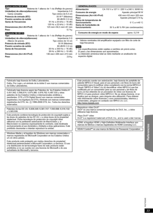 Page 3333
RQTX0245
Getting Started Playing Discs Other Operations Referencias§8Valores nominales del amplificador equipado con filtro de corte de 
baja frecuencia
[Nota]1 Las especificaciones están sujetas a cambios sin previo aviso.
El peso y las dimensiones son aproximados.
2 La distorsión armónica total se mide mediante un analizador de 
espectro digital.
[Altavoz\central\SB-HC170]
TipoSistema de 1 altavoz de 1 vía (Reflejo de graves)
Unidad(es) de altavoz(altavoces)Impedancia 5≠
Gama completa  Tipo cónico...