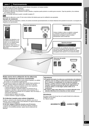 Page 55
RQTX0245
Cómo empezar
Guía de Inicio Rápido
Getting Started
El modo en que instale los altavoces puede afectar a los graves y al campo acústico.
Tenga en cuenta los puntos siguientes:
≥Coloque los altavoces en bases firmes y planas.
≥Colocar los altavoces muy próximos al suelo, paredes y esquinas puede producir un sonido grave excesivo. Tape las paredes y las ventanas 
con cortinas gruesas.
≥Para el montaje opcional en pared, consulte la página 27.
[Nota]
Mantenga los altavoces a unos 10 mm como mínimo...