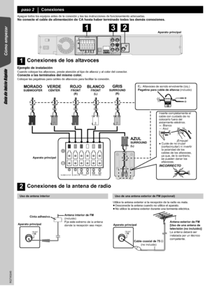 Page 66
RQTX0245
Guía de Inicio Rápido
Cómo empezar
Apague todos los equipos antes de la conexión y lea las instrucciones de funcionamiento adecuadas.No conecte el cable de alimentación de CA hasta haber terminado todas las demás conexiones.
Ejemplo de instalación
Cuando coloque los altavoces, preste atención al tipo de altavoz y al color del conector.Conecte a las terminales del mismo color.Coloque las pegatinas para cables de altavoces para facilitar la conexión.
paso 2Conexiones
1Conexiones de los...