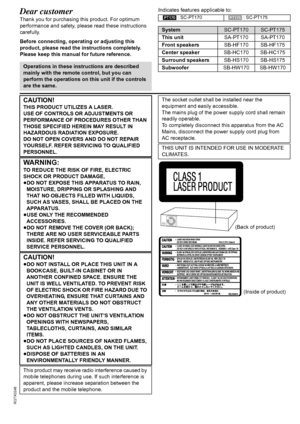 Page 22
RQTX0246
Getting Started Playing Discs Other Operations Reference
 
Dear customer
Thank you for purchasing this product. For optimum 
performance and safety, please read these instructions 
carefully.
Before connecting, operating or adjusting this 
product, please read the instructions completely.
Please keep this manual for future reference.Indicates features applicable to:
Operations in these instructions are described 
mainly with the remote control, but you can 
perform the operations on this unit...