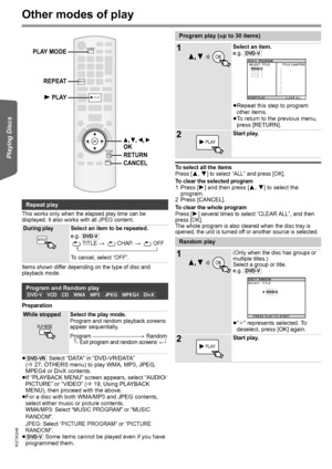 Page 1818
RQTX0246
Getting Started Playing Discs Other Operations Reference
 
Other modes of play
This works only when the elapsed play time can be 
displayed. It also works with all JPEG content.
Items shown differ depending on the type of disc and 
playback mode.
Preparation
≥[DVD-VR] Select “DATA” in “DVD-VR/DATA” 
(B27, OTHERS menu) to play WMA, MP3, JPEG, 
MPEG4 or DivX contents.
≥If “PLAYBACK MENU” screen appears, select “AUDIO/
PICTURE” or “VIDEO” (B19, Using PLAYBACK 
MENU), then proceed with the...