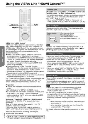 Page 2222
RQTX0246
Getting Started Playing Discs Other Operations Reference
 
Other Operating 
Using the VIERA Link “HDAVI ControlTM”
VIERA Link “HDAVI Control”
VIERA Link “HDAVI Control” is a convenient function that 
offers linked operations of this unit, and a Panasonic TV 
(VIERA) under “HDAVI Control”. You can use this function 
by connecting the equipment with the HDMI cable. See the 
operating instructions for connected equipment for 
operational details.
≥VIERA Link “HDAVI Control”, based on the control...