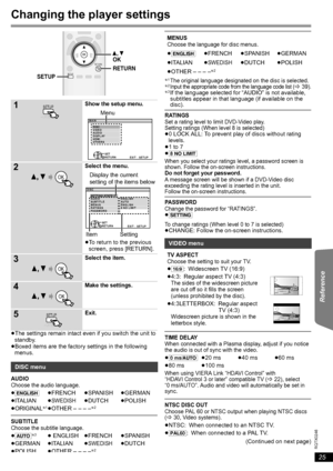 Page 2525
RQTX0246
Getting Started Playing Discs Other Operations Reference
 
Changing the player settings
≥The settings remain intact even if you switch the unit to 
standby.
≥Boxed items are the factory settings in the following 
menus.
§1The original language designated on the disc is selected.§2Input the appropriate code from the language code list (B39).§3If the language selected for “AUDIO” is not available, 
subtitles appear in that language (if available on the 
disc).
RATINGS
Set a rating level to...