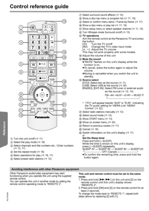 Page 3838
RQTX0246
Getting Started Playing Discs Other Operations Reference
 
Control reference guide
Other Panasonic audio/video equipment may start 
functioning when you operate the unit using the supplied 
remote control.
You can operate this unit in another mode by setting the 
remote control operating mode to “REMOTE 2”.This unit and remote control must be set to the same 
mode.
1 Press and hold [5/9] on this unit and [2] on the 
remote control until this unit’s display shows 
“REMOTE 2”.
2 Press and hold...